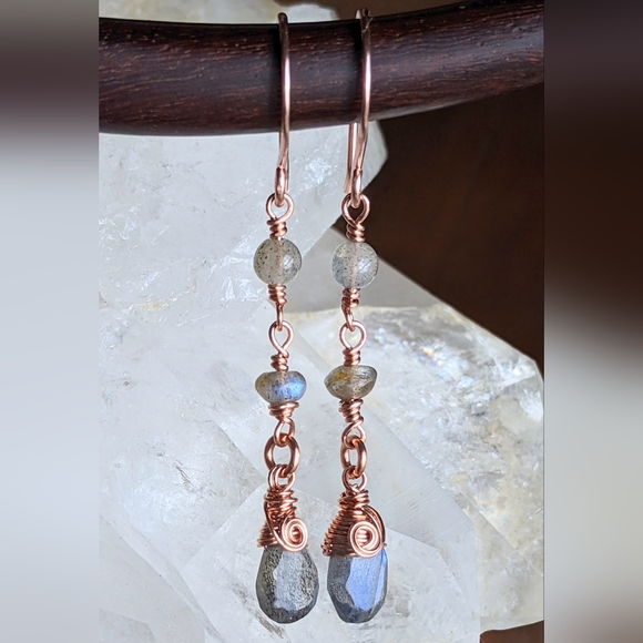 Mystical Labradorite Earrings Dainty Copper Wire Wrapped Design - Picture 2 of 12